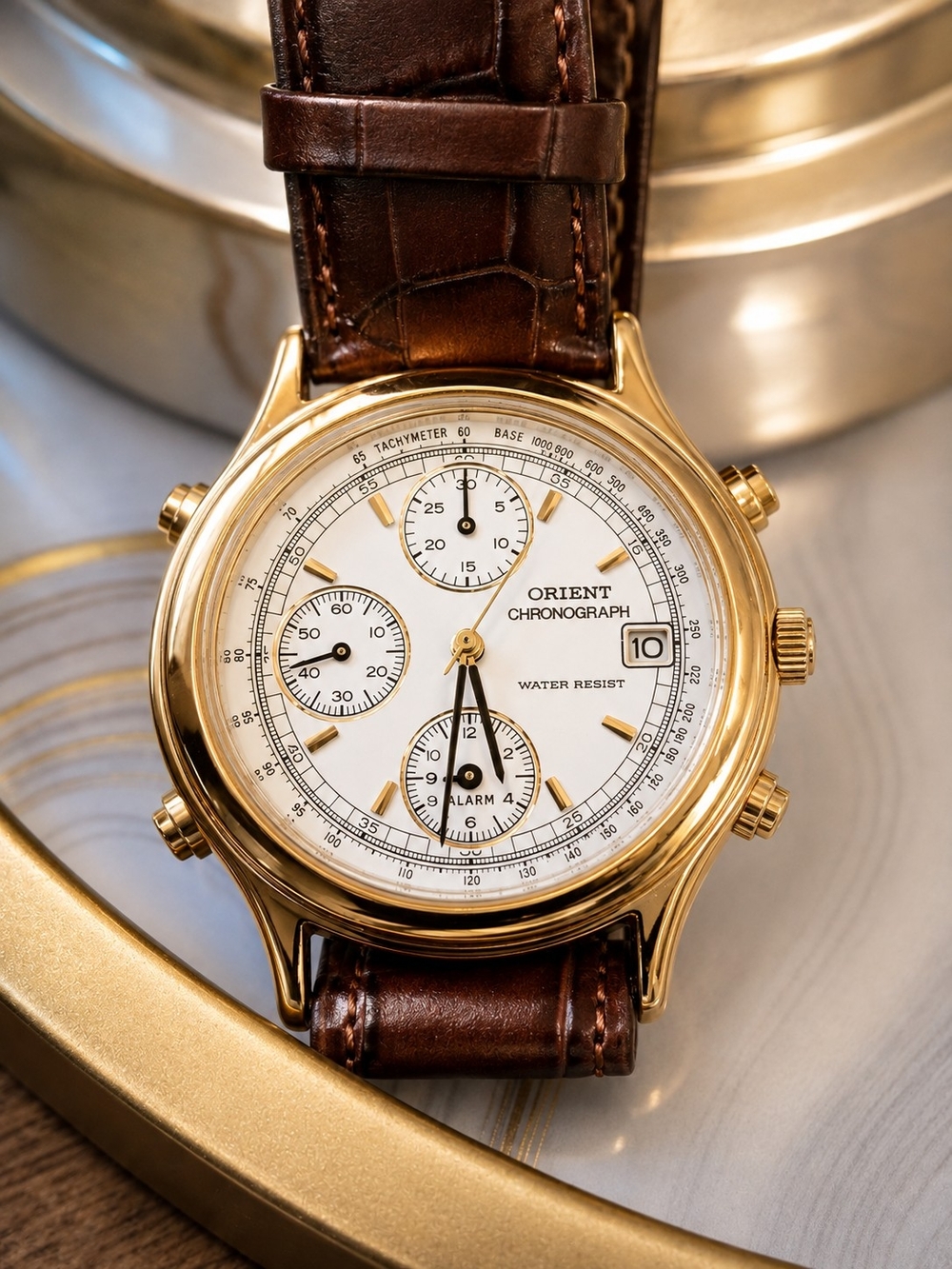Men's Gold Chronograph Watch with Brown Leather Strap Orient Japan